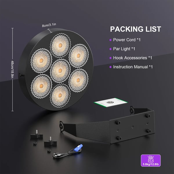 RGB LED scenelys - PAR-lampe 7x50W - DMX512 13/37 kanaler - RGB-LED (168 stk.), Stroboskop - Auto/Lyd/Master-Slave - Spænding 90–240V - Varm hvid