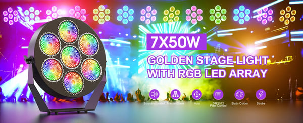 RGB LED scenelys - PAR-lampe 7x50W - DMX512 13/37 kanaler - RGB-LED (168 stk.), Stroboskop - Auto/Lyd/Master-Slave - Spænding 90–240V - Varm hvid