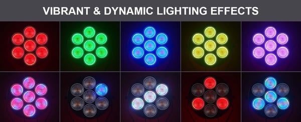 RGB LED scenelys - PAR-lampe 7x50W - DMX512 13/37 kanaler - RGB-LED (168 stk.), Stroboskop - Auto/Lyd/Master-Slave - Spænding 90–240V - Varm hvid