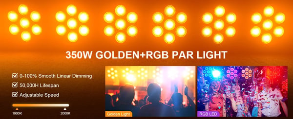 RGB LED scenelys - PAR-lampe 7x50W - DMX512 13/37 kanaler - RGB-LED (168 stk.), Stroboskop - Auto/Lyd/Master-Slave - Spænding 90–240V - Varm hvid