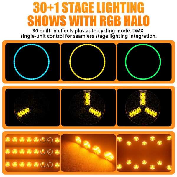 4 kpl COB PAR -valaisin - 3×30 W - 51×0,2 W RGB LED-nauha - DMX512/RDM - 8/10 kanavaa - Auto/Ääniohjaus/Master-Slave - Lämmin valo