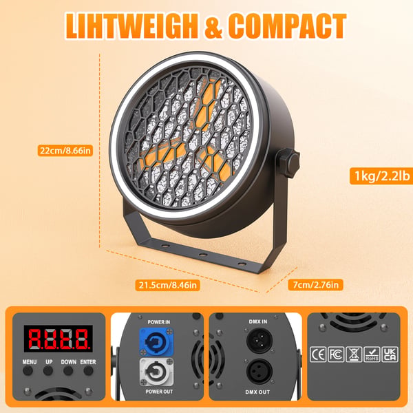 4 kpl COB PAR -valaisin - 3×30 W - 51×0,2 W RGB LED-nauha - DMX512/RDM - 8/10 kanavaa - Auto/Ääniohjaus/Master-Slave - Lämmin valo