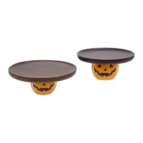 Kurpitsan muotoiset kakkutarjottimet - 2 kpl setti - Akaasiapuu - Ø 21,5/26 cm - Korkeus 9,8 cm - Halloween-jälkiruokaesillepano - Pöytämalli