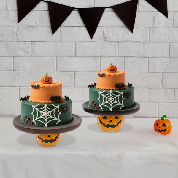 Græskarformede kagefade - Sæt med 2 - Akacietræ - Ø 21,5/26 cm - Højde 9,8 cm - Halloween dessertdisplay - Bordmodel - Mørkebrun