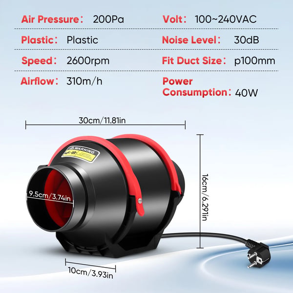 Udsugningsventilator - Inline kanalventilator 100 mm - 310 m³/h - Justerbar hastighed - Lavt støjniveau - Til HVAC/hjem - Sort