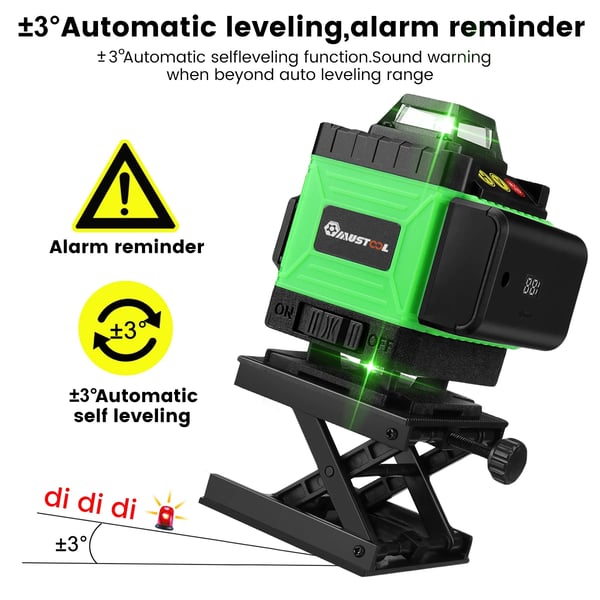 Ristilaser - 4D 16 Linjaa - Itsetasaava - IP54 - Kosketusnäyttö - 4000 mAh Akku - EU‑pistoke - Vihreä