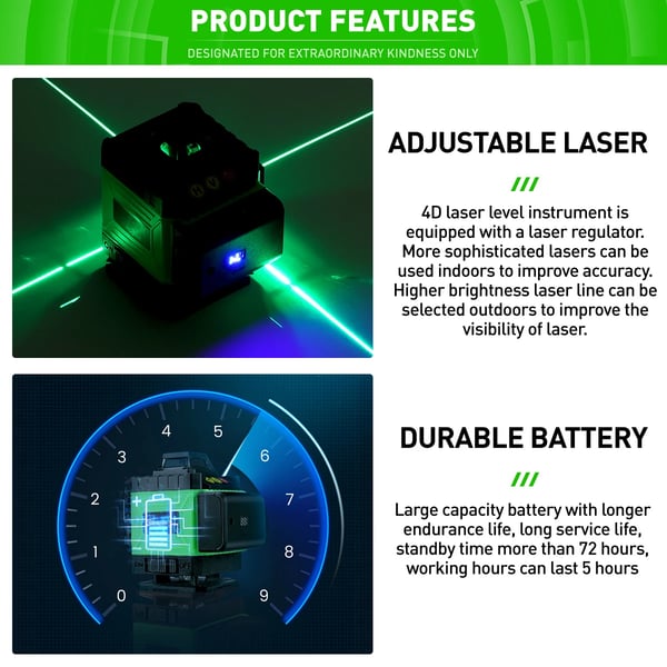 Ristilaser - 4D 16 Linjaa - Itsetasaava - IP54 - Kosketusnäyttö - 4000 mAh Akku - EU‑pistoke - Vihreä