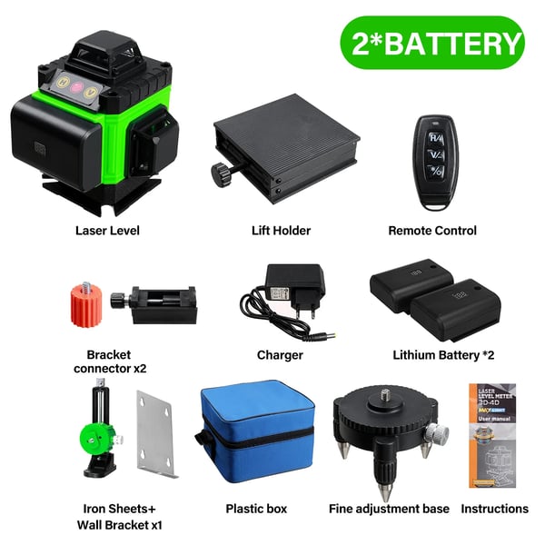 Ristilaser - 4D 16 Linjaa - Itsetasaava - IP54 - Kosketusnäyttö - 4000 mAh Akku - EU‑pistoke - Vihreä