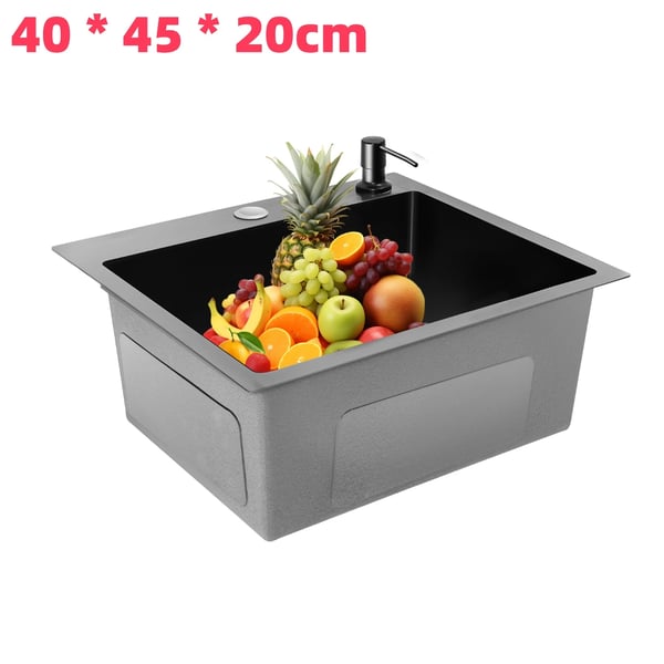 Køkkenvask sæt - Enkelt rektangulær kumme - 40×45×20 cm - Rustfrit stål - Uden armatur - 1 hul - Med afløbskurv & sæbedispenser - Sort/grå