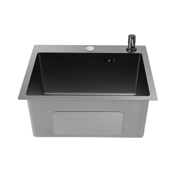 Køkkenvask sæt - Enkelt rektangulær kumme - 40×45×20 cm - Rustfrit stål - Uden armatur - 1 hul - Med afløbskurv & sæbedispenser - Sort/grå