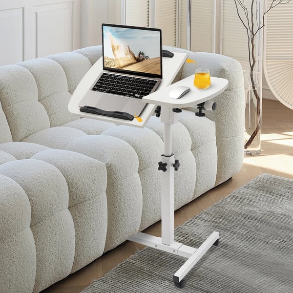 Computerbord på hjul - L-formet laptopbord - 360° vinkeljustering - 4 låsbare hjul - MDF & kulstofstål