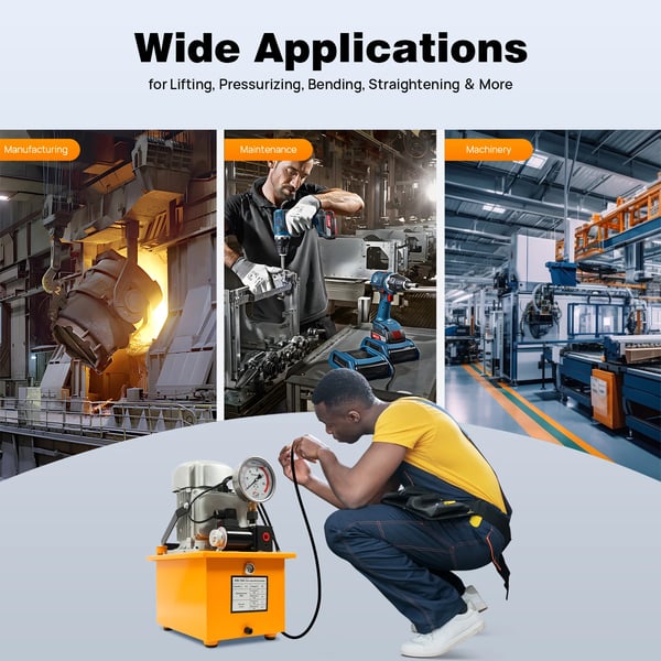 Elektrisk hydraulikpumpe - Enkelvirkende håndventil - Effekt 750 W - Tryk 2–70 MPa - Hastighed 1400 o/min - Flow 0,9–5 L/min - Tank 7 L - EU-stik