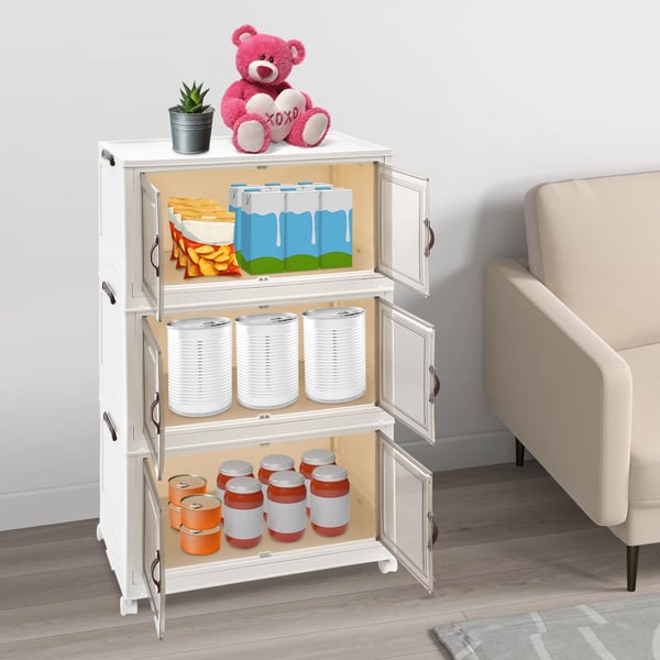 Opbevaringsskab - Plastskab - 3 niveauer - Sammenklappeligt - Med dør - 4 hjul, 2 låsbare - 65x42x110,5 cm - 10 kg pr. hylde - Hvid