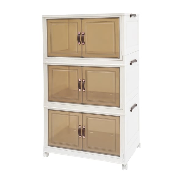 Opbevaringsskab - Plastskab - 3 niveauer - Sammenklappeligt - Med dør - 4 hjul, 2 låsbare - 65x42x110,5 cm - 10 kg pr. hylde - Hvid