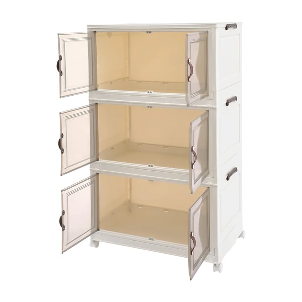 Opbevaringsskab - Plastskab - 3 niveauer - Sammenklappeligt - Med dør - 4 hjul, 2 låsbare - 65x42x110,5 cm - 10 kg pr. hylde - Hvid
