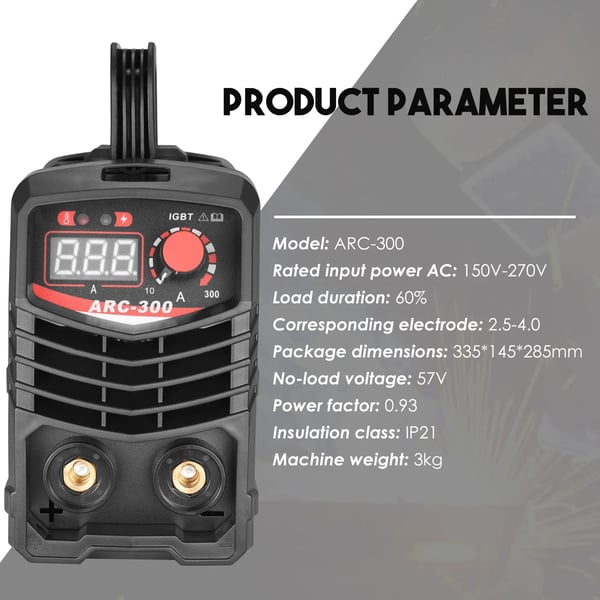 Svejsemaskine - ARC MMA inverter - Svejsestrøm 300 A - Dobbeltspænding 110/220 V - IGBT - LCD - Tilbehørssæt: elektrodeholder, svejsemaske, elektroder