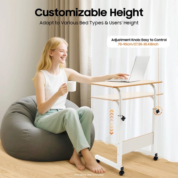 Laptopbord - Sidebord med hjul - Højdejusterbart 70–90 cm - Rektangulært - Til sofa & soveværelse - Brun