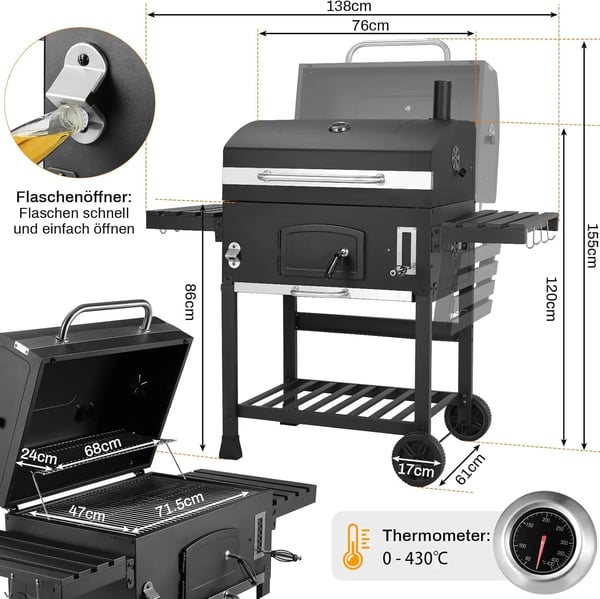 BBQ Hiiligrilli - Grillikärry - Erittäin suuri paistoala - 6+ hengelle - Pulverimaalattu rauta - Pyörillä