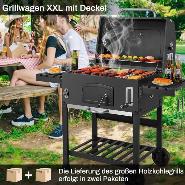 BBQ Hiiligrilli - Grillikärry - Erittäin suuri paistoala - 6+ hengelle - Pulverimaalattu rauta - Pyörillä