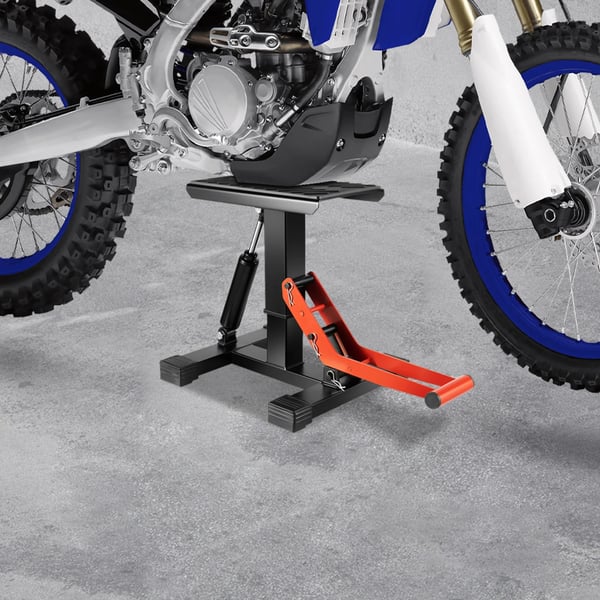 Moottoripyörän nostoteline - Hydraulinen tunkki - Säädettävä korkeus 25–40 cm - Enimmäiskuorma 400 kg - Offroad/motokrossi - Musta/Punainen