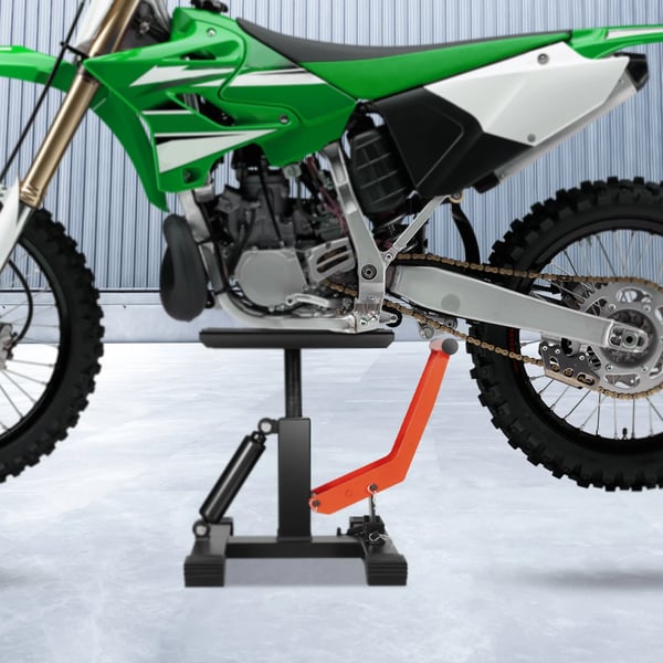 Moottoripyörän nostoteline - Hydraulinen tunkki - Säädettävä korkeus 25–40 cm - Enimmäiskuorma 400 kg - Offroad/motokrossi - Musta/Punainen