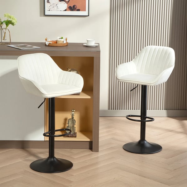 Set med 2 barstolar - Snurrbar barstol - Höjdjusterbar 62–83 cm - Sammet - Ryggstöd & fotstöd - Benvit