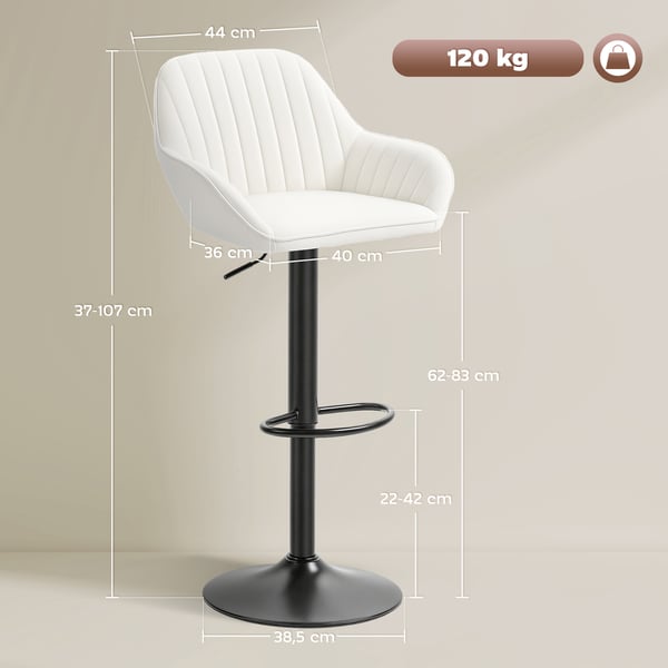 Set med 2 barstolar - Snurrbar barstol - Höjdjusterbar 62–83 cm - Sammet - Ryggstöd & fotstöd - Benvit