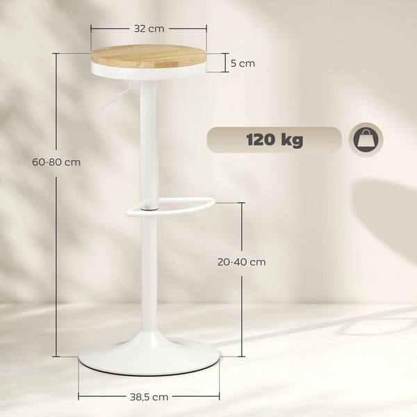 Set med 2 köks- och barstolar - Barstol - Justerbar höjd - Träsits - Stålram - Fotstöd - Natur och vit