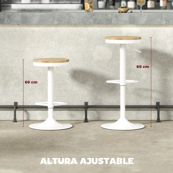 Set med 2 köks- och barstolar - Barstol - Justerbar höjd - Träsits - Stålram - Fotstöd - Natur och vit
