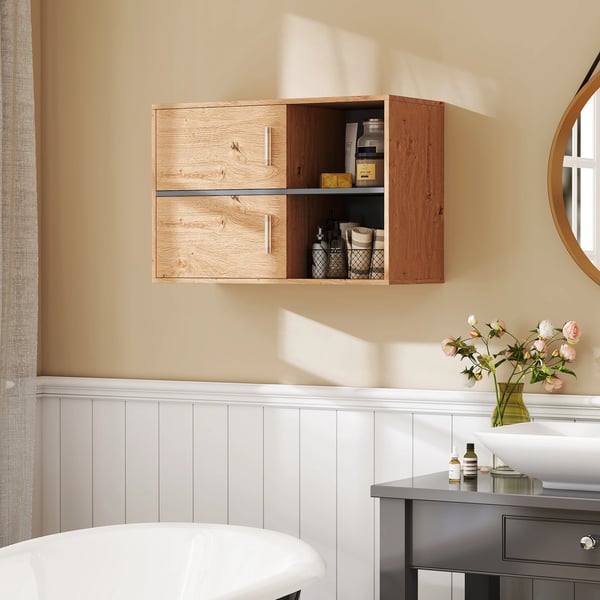 Badrumsskåp - Fristående - 2 Dörrar - Öppna Fack - 80 x 35 x 57,5 cm - Natur