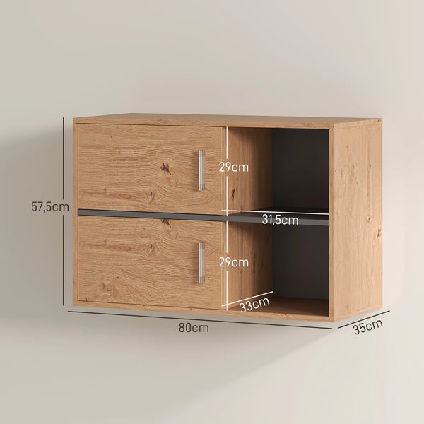 Badrumsskåp - Fristående - 2 Dörrar - Öppna Fack - 80 x 35 x 57,5 cm - Natur