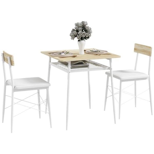 Matgrupp 3-delar - Matbord och 2 stolar - Öppen hylla - Stålram - Modern design - Vit och ek