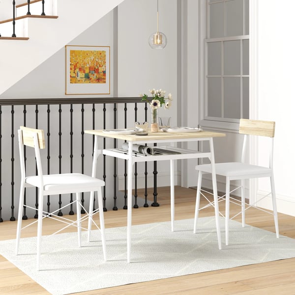 Matgrupp 3-delar - Matbord och 2 stolar - Öppen hylla - Stålram - Modern design - Vit och ek