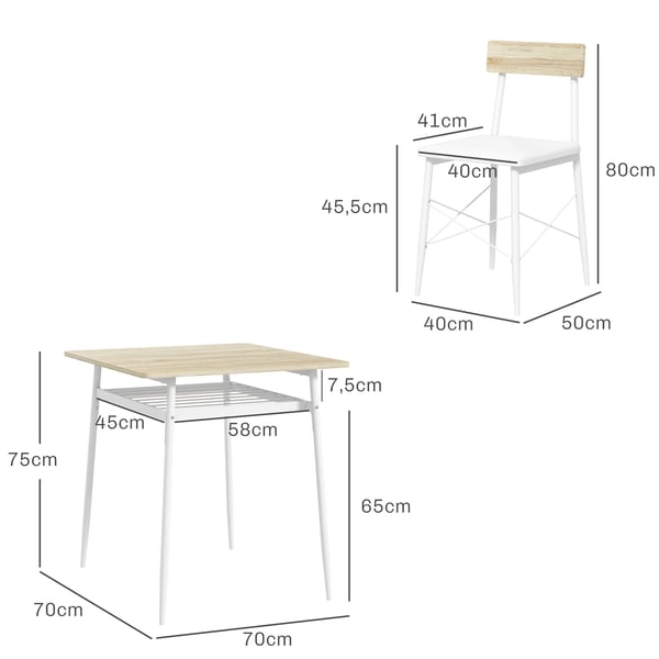 Matgrupp 3-delar - Matbord och 2 stolar - Öppen hylla - Stålram - Modern design - Vit och ek