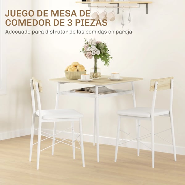 Matgrupp 3-delar - Matbord och 2 stolar - Öppen hylla - Stålram - Modern design - Vit och ek