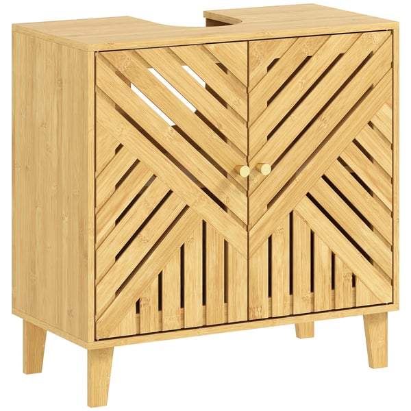 Bambu badrumskommod - Fristående underskåp - 2 ribbade dörrar - Justerbar hylla - För tvättställ utan piedestal - 60 x 30 x 60 cm - Natur