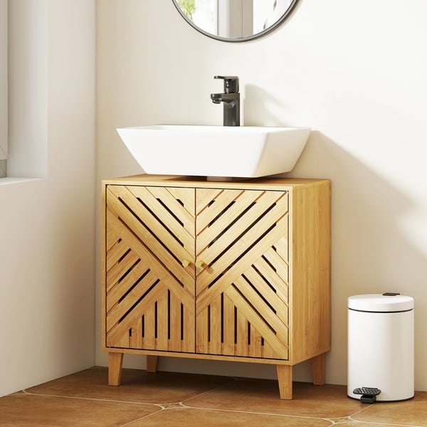 Bambu badrumskommod - Fristående underskåp - 2 ribbade dörrar - Justerbar hylla - För tvättställ utan piedestal - 60 x 30 x 60 cm - Natur