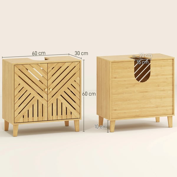 Bambu badrumskommod - Fristående underskåp - 2 ribbade dörrar - Justerbar hylla - För tvättställ utan piedestal - 60 x 30 x 60 cm - Natur