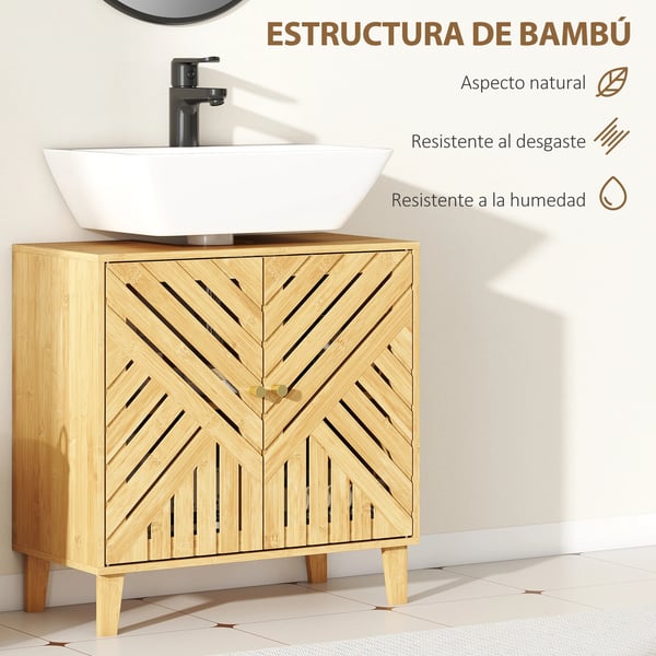 Bambu badrumskommod - Fristående underskåp - 2 ribbade dörrar - Justerbar hylla - För tvättställ utan piedestal - 60 x 30 x 60 cm - Natur