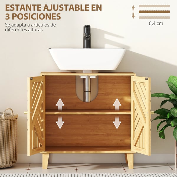 Bambu badrumskommod - Fristående underskåp - 2 ribbade dörrar - Justerbar hylla - För tvättställ utan piedestal - 60 x 30 x 60 cm - Natur