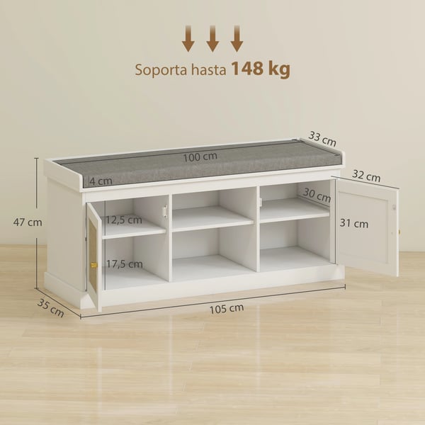 Skobänk/Hallbänk - Rattandörrar - Justerbara och öppna hyllor - Fristående - 105×35×47 cm - Vit