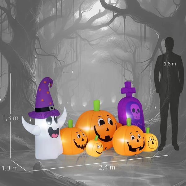 Uppblåsbar Halloween-dekoration - Pumpa med spöke och gravsten - LED-ljus IP44 - Inbyggd fläkt - 240×130×130 cm - Flerfärgad