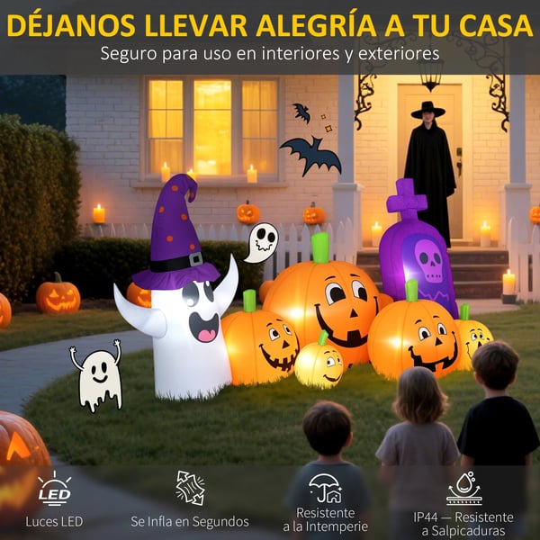 Uppblåsbar Halloween-dekoration - Pumpa med spöke och gravsten - LED-ljus IP44 - Inbyggd fläkt - 240×130×130 cm - Flerfärgad