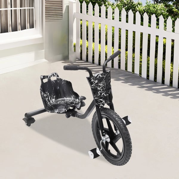 Børnetrehjuling - Drift Trike - 4-trins længdejustering - 2 universelle baghjul - Skridsikre pedaler - Max 80 kg - 6+ - Lynmønster - Sort