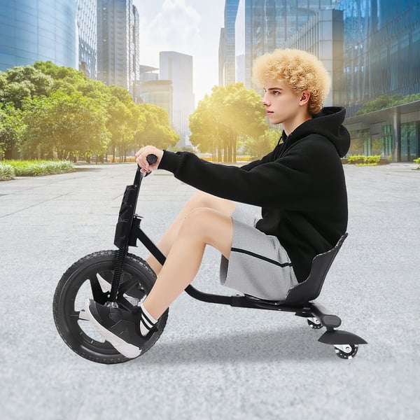 Børnetrehjuling - Drift Trike - 4-trins længdejustering - 2 universelle baghjul - Skridsikre pedaler - Max 80 kg - 6+ - Lynmønster - Sort