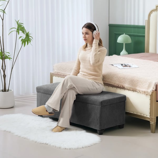 Förvaringsbänk - Sittbänk - Kapacitet 84 l - Mått 112×42×40 cm - Manchesterklädsel - För Sängände - Vardagsrum & Sovrum - Grå