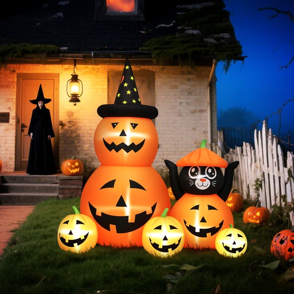 Uppblåsbar Halloweenpumpa med katt - Trädgårdsdekoration - LED-ljus - IP44 - Inbyggd fläkt - Mått 160×100×180 cm - Orange