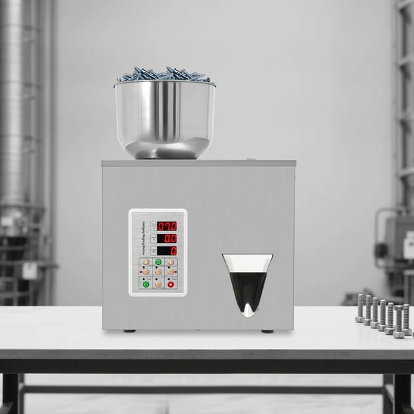 Pulver- och granulatfyllare - Automatisk doseringsmaskin - 1–50 g, 2–5 s/påse, tratt 20×30 cm, 220 V EU-kontakt, rostfritt stål - Silver