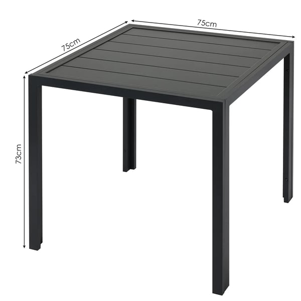 Ulkoruokapöytä - Neliönmuotoinen puutarhapöytä - 75x75x73 cm - Alumiinirunko - Puunsyykuvioitu sälekansi, 6 lautaa - Säänkestävä - Musta