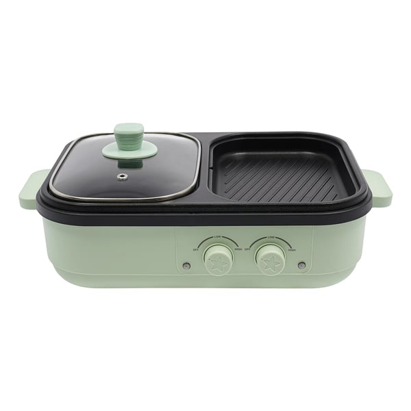 2-i-1 elektrisk hotpot og grill - bordgryde - 1300 W, non-stick, 1,0 L gryde + 0,2 L pande, 220–240 V, til 1–3 personer - grøn
